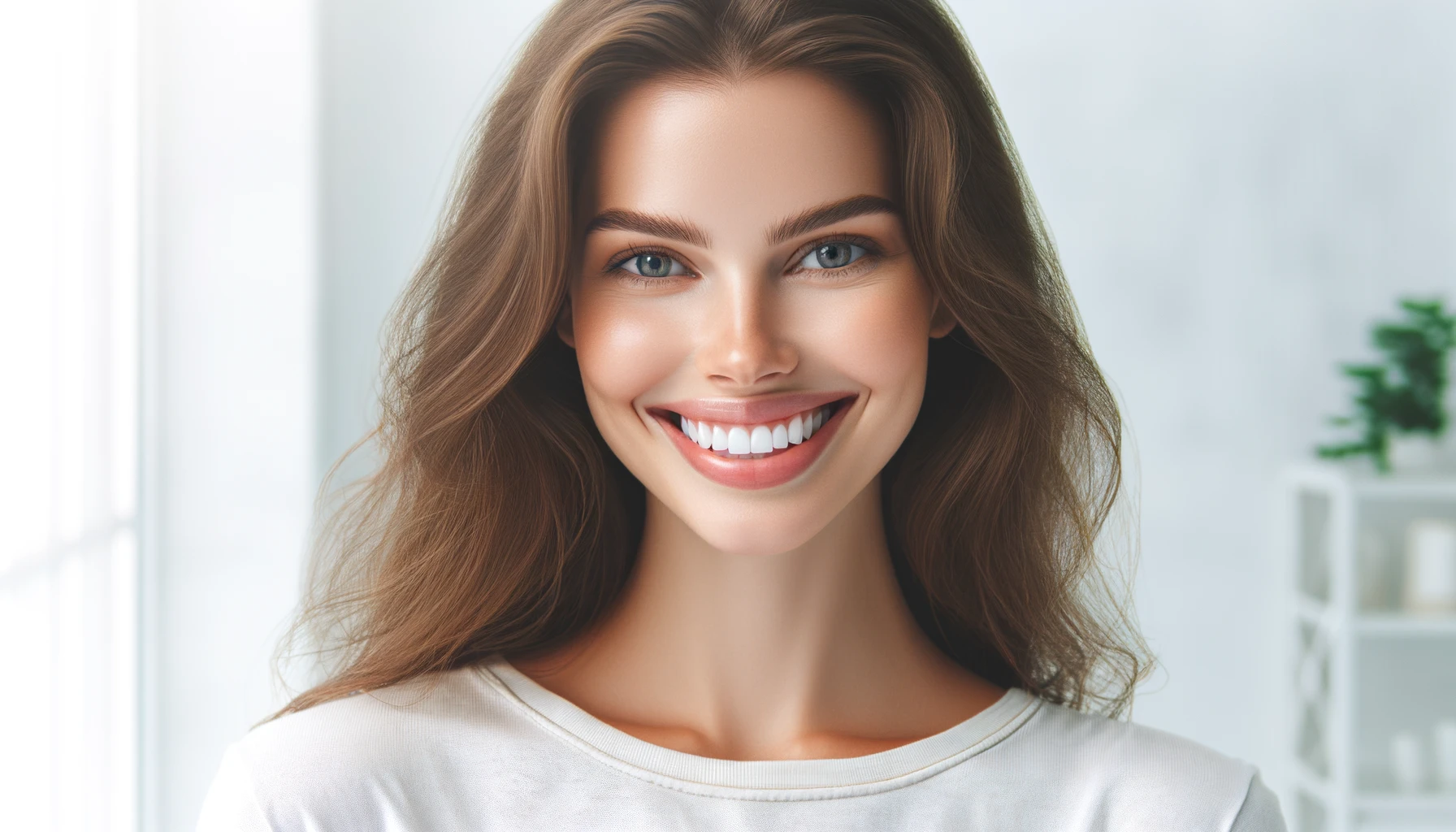 Sonrisa radiante y saludable de mujer en entorno minimalista, reflejando el cuidado dental holístico de Clínica Meraki Dental.